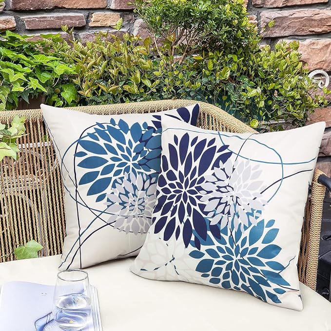 Pyonic Outdoor Throw Pillow Covers 18x18 Waterproof Pillow Covers Geometric Flower Pillow Case Farmhouse Summer Square Cushion Cover for Patio, Garden, Balcony,Set of 2 (18 x 18-Inch, Navy Blue)