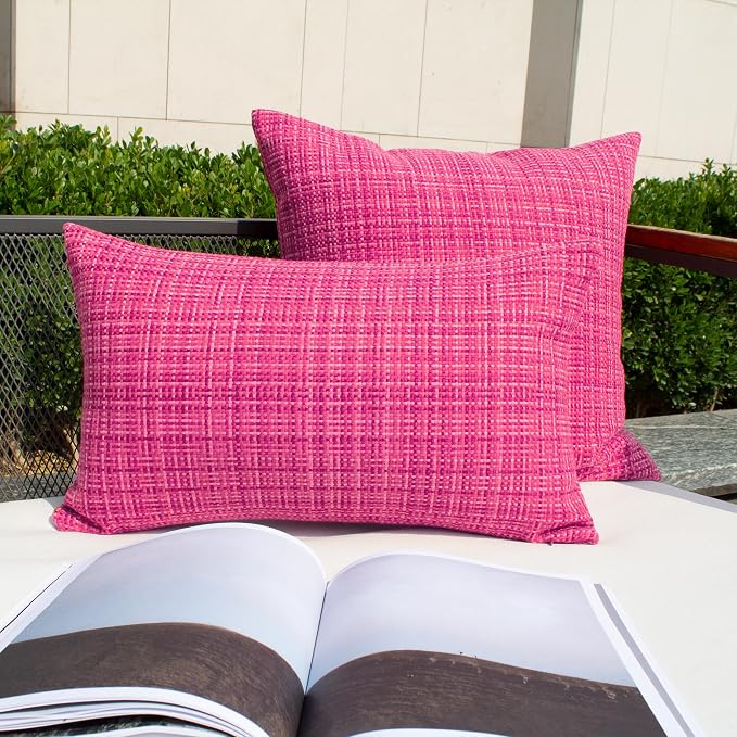 Kevin Textile Outdoor Waterproof 14"x24" Pillow Covers 2 Pack, Hot Pink | Water Resistant, Faux Linen Yarn-dyed, Woven Texture Throw Pillow Covers for Tent Patio Garden Couch Sofa