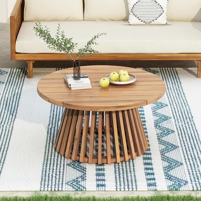 Christopher Knight Home Charm Patio Conversation Set, 3 Seater Acacia Wood Sofa, Spacious Seating Daybed, Wood Coffee Table, Round Side Table, Outdoor Furniture for Backyard Garden Gathering, Beige
