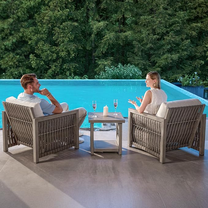 3 Pieces Patio Furniture Set, Outdoor Patio Sofa Set with 2 Armchair & Side Table, All-Weather Aluminum Garden Outdoor Contemporary Sofa Chair with Cushion for Porch Yard Deck, Gray Oak