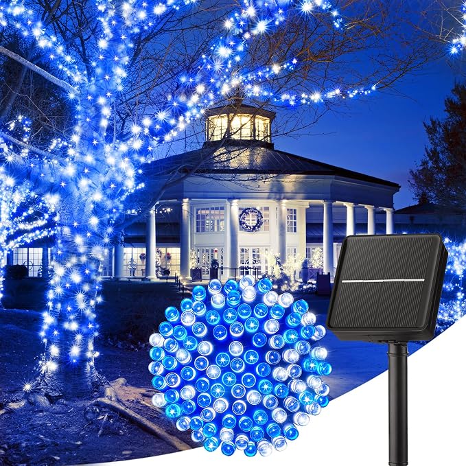 Minetom Solar Christmas Lights Outdoor Waterproof, 40FT 100 LED Solar Light | Solar Christmas Outdoor Decoration with 8 Modes, Solar String Lights for Outside House Tree Yard Garden, Blue & Pure White
