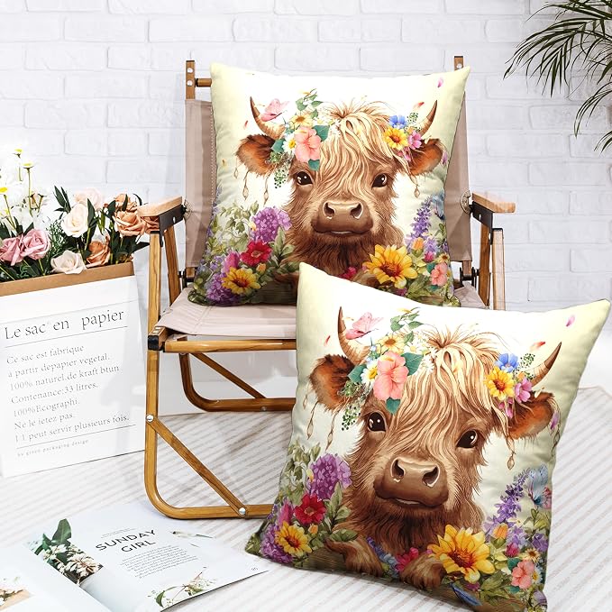Highland Cow Pillow Covers 20x20 Set of 2 Cattle with Flowers Throw Pillow Covers Spring Outdoor Pillowcase Cotton Linen Farmhouse Cushion Case for Sofa Outdoor Patio