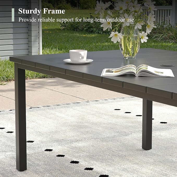Outdoor Dining Table for 6, 63" Rectangle Outdoor Table with Adjustable Umbrella Hole, All-Weather Metal Patio Dining Table for Lawn Garden Backyard Deck, Black