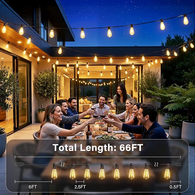Ollny Outdoor String Lights 66FT, Shatterproof Connectable Patio Lights with 25 ST38 Edison LED Bulbs, 2200K Warm White Waterproof Outside Hanging Lights for Backyard, Gazebo, Porch, Balcony, Bistro