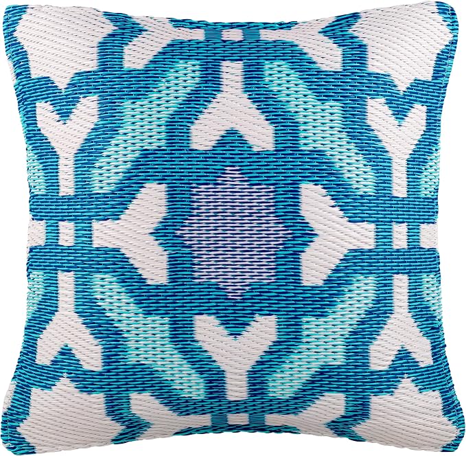 Fab Habitat Outdoor Premium Recycled Plastic Pillow - Waterproof, Fade Resistant - Spanish Tile Farmhouse - Patio, Porch, Deck, Balcony - Seville - Multicolor Blue - 20" x 20"