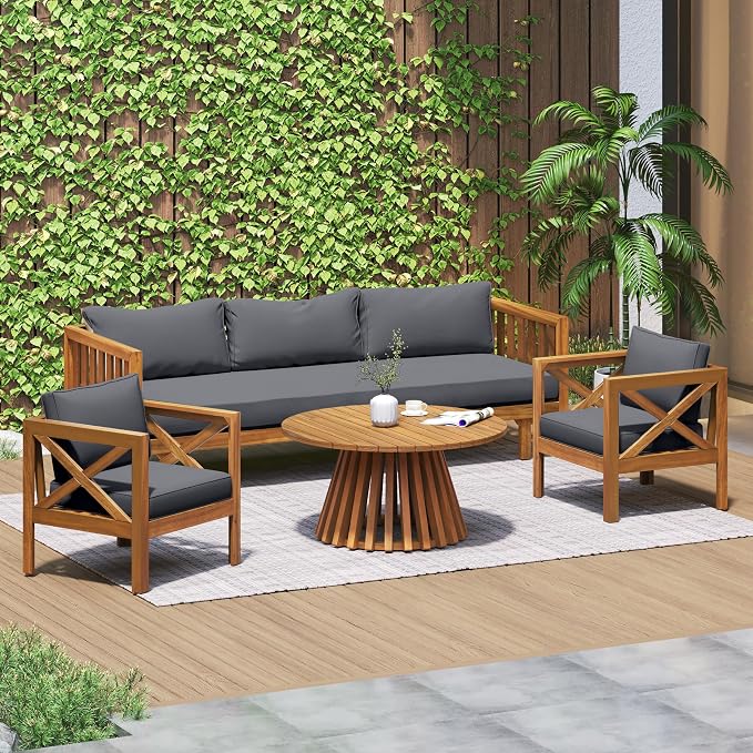 Merax Outdoor 4-Piece Acacia Wood Conversation Set - Patio 3-Seat Loveseat Sofa Daybed with Cushion, 2 Armchair and Round Coffee Table for Backyard, Lawn, Balcony, Teak+Dark Gray