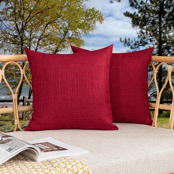 Kevin Textile Outdoor Waterproof 16”x16” Pillow Covers 2 Pack, Red | Water Resistant, Soft Faux Linen-cotton Yarn-dyed Woven Texture Throw Pillow Covers for Tent Patio Garden Couch Sofa