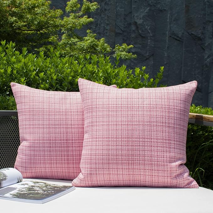 Kevin Textile Outdoor Waterproof 16x16 Inch Pillow Covers 2 Pack, Pink | Water Resistant, Faux Linen Yarn-dyed, Woven Texture Throw Pillow Covers for Tent Patio Garden Couch Sofa