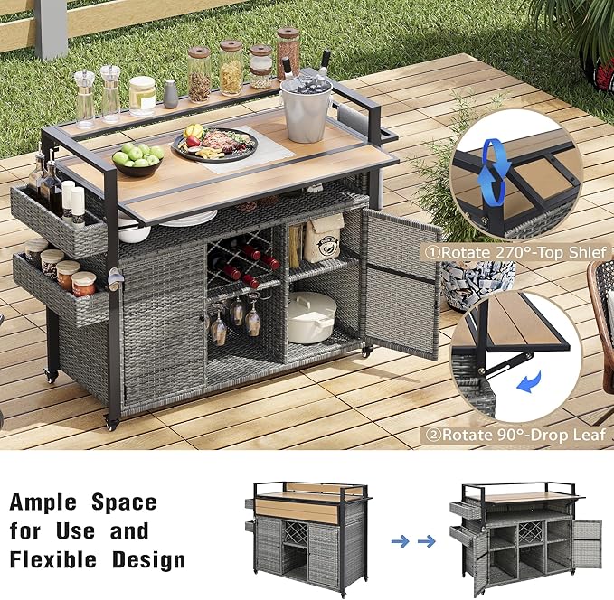52.8" W Wicker Outdoor Bar Cart Table with Extended Plastic Wood Table Top, Outdoor Grill Cart with Large Storage Cabinet, for Patio Backyard Garden Poolside, Double Handle Design, Grey
