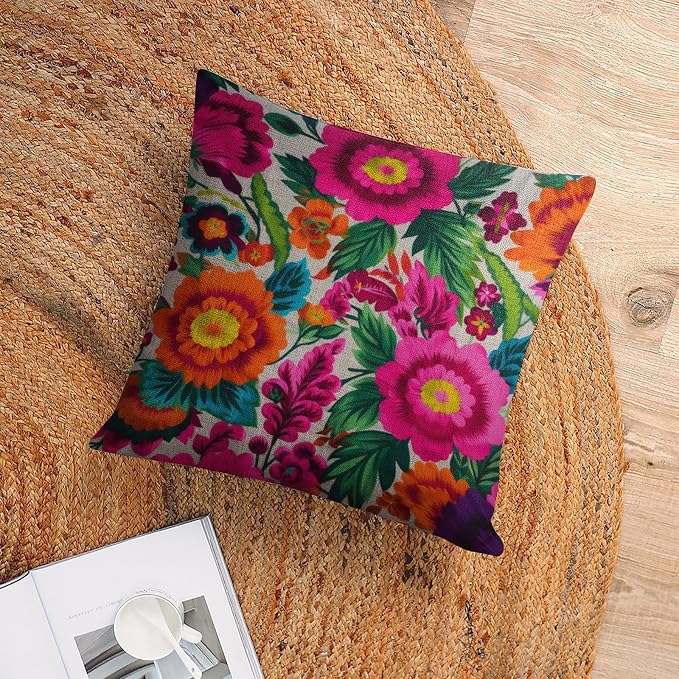 Large Couch Pillows Mexican Flowers Pillow Cases 20"x20" White Blue Grey Wideflowers Printed Pillow Cover Home Sofa Decor PillowcaseThrow Pillow Covers Decorative Outdoor Linen Pillow Covers