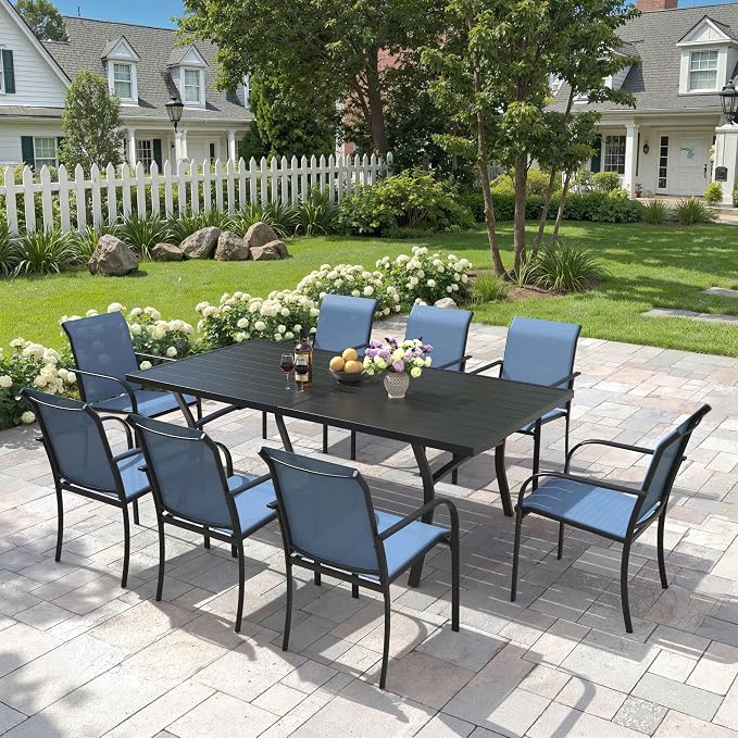 9 Pieces Patio Dining Set, 71" Rectangular Dining Table with Umbrella Hole, 8 Stackable Textilene Fabric Chairs, Metal Structure for Patio, Porch, Garden(Black Table, Blue Chair)