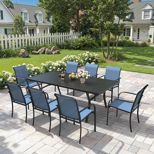 9 Pieces Patio Dining Set, 71" Rectangular Dining Table with Umbrella Hole, 8 Stackable Textilene Fabric Chairs, Metal Structure for Patio, Porch, Garden(Black Table, Blue Chair)