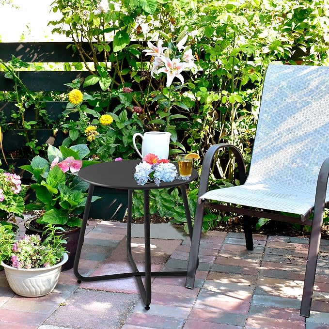 Outdoor Table Small Patio Side Table, Round Metal Side Table, Weatherproof, Portable, Outdoor End for Garden, Balcony, Yard (Black)