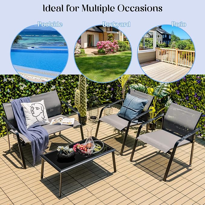 HAPPYGRILL 4 Piece Outdoor Conversation Set Patio Furniture Set, Breathable Fabric Single Chairs & Loveseat, Tempered Glass Coffee Table, Patio Bistro Set for Poolside Yard Garden