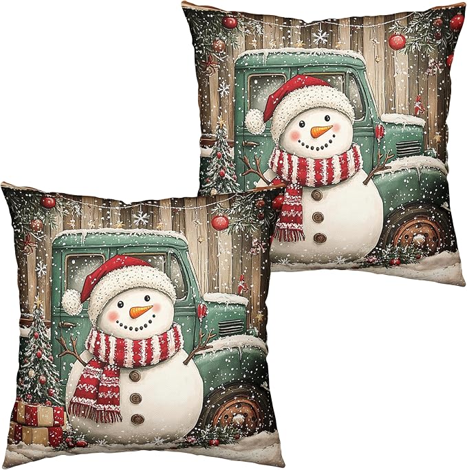 Christmas Snowman Pillow Covers 18x18 Set of 2 Green Xmas Truck Throw Pillow Covers Wooden Pattern Background Pillowcase Winter Holiday Cushion Case for Living Room Sofa Couch