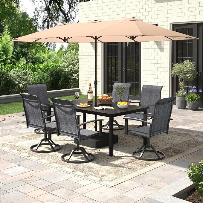 7 Pieces Patio Dining Set with Patio Umbrella, Outdoor Furniture of 63" Rectangular Patio Table and Patio Swivel Chairs for Backyard Lawn Garden, Black Table and Black Chairs