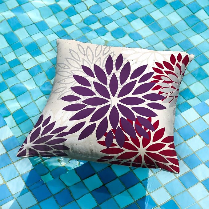 DFXSZ Outdoor Waterproof Pillow Covers 18x18 Set of 2 Purple WineRed Flower | Spring Summer Waterproof Flower Throw Pillowcases（No Inserts）Decor for Valentines Patio Funiture Garden Polyester Covers