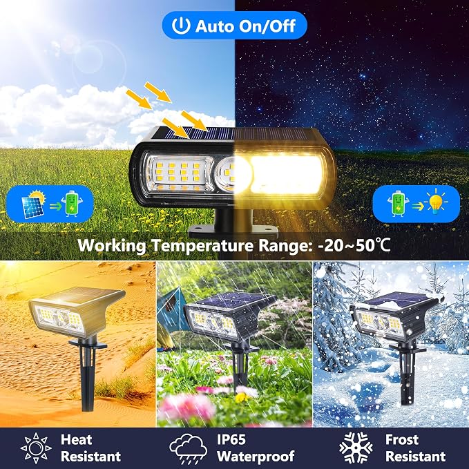 Toodour Solar Spot Light Outdoor, 2 Pack Solar Lights Outdoor with 2 Modes, Waterproof Solar Powered Flood Lights Landscape Lighting for Yard Garden Home Pathway Walkway Outdoor Decor - Warm White