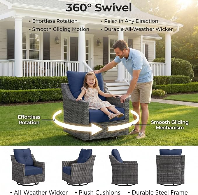7 Piece Patio Furniture Set with 6" Thick Cushions, Weather-Resistant Wicker Swivel Rocker High Back Chairs and Fire Pit Table for Porch Yard Deck