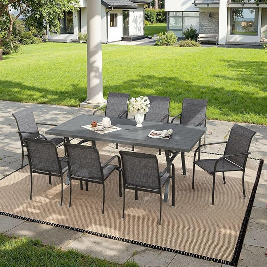 VICLLAX 9 Pieces Patio Outdoor Dining Set, 8 Swivel Textilene Chairs and 70" Rectangular Metal Table with Umbrella Hole for Porch, Deck, Garden, Dark Grey/Grey
