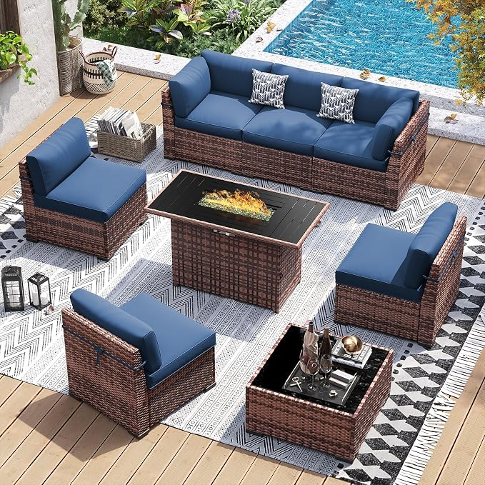UDPATIO Patio Furniture Set with 44'' Fire Pit Table, 8 PCS Outdoor Sectional Furniture Sets, Slanted Back Outdoor Conversation Set PE Rattan Sofa for Porch W/Coffee Table, Blue