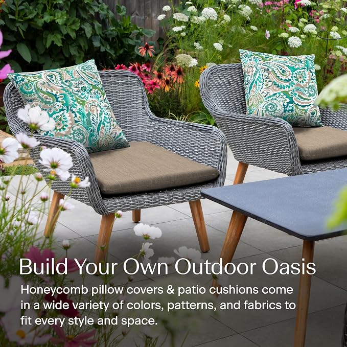 Honeycomb Outdoor Square Toss Pillow Covers, 18 x 18, 2-Pack | Geneva Paisley Turquoise Slipcovers, Water & Fade Resistant for Patio Furniture Set, Cover Only, No Insert