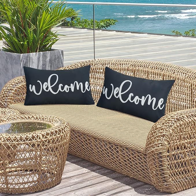 Merrycolor 2 Pack Black & White Outdoor Waterproof Modern Rectangular Throw Pillow Covers, 20" x 12", Welcome Letter Print, Living Room, Outdoor Activities