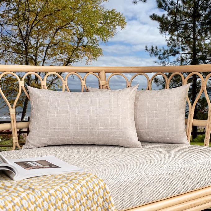 Kevin Textile Outdoor Waterproof 12”x20” Lumbar Pillow Covers 2 Pack, Beige | Water Resistant, Soft Faux Linen-cotton Yarn-dyed Woven Texture Throw Pillow Covers for Tent Patio Garden Couch Sofa