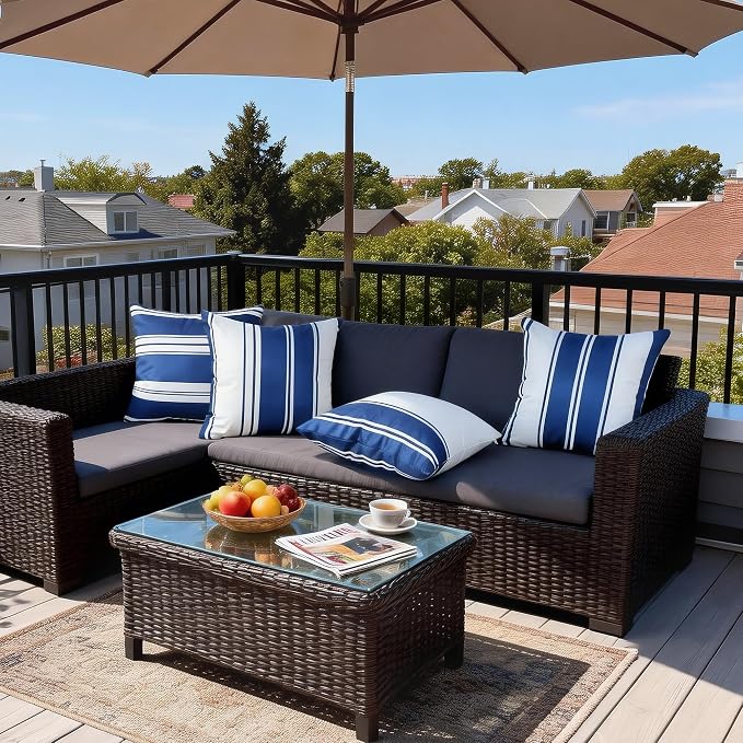4 Pack Outdoor Waterproof Throw Pillow Covers 18x18 Inch | Striped Navy Blue Decorative Pillow Cover, Modern Outdoor Cushion Cases for Garden Patio Balcony Bench Couch Sofa