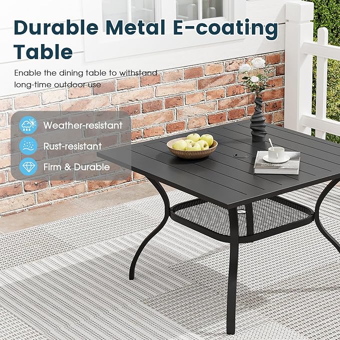 5 Pieces Patio Dining Set, 38" Square Dining Table with Umbrella Hole, 4 Stackable Textilene Fabric Chairs, Metal Structure for Patio, Porch, Garden(Black Table, Grey Chair)