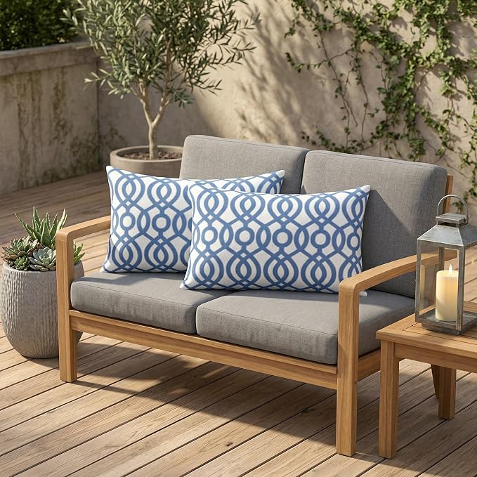 RSH DECOR: Lumbar Jumbo Throw Pillows Set of 2 | 26” x 16" | All-Weather Spun Fabric | Water and Fade-Resistant | Outdoor Support Pillows for Patio Furniture | Made in USA (Capilla Blue)