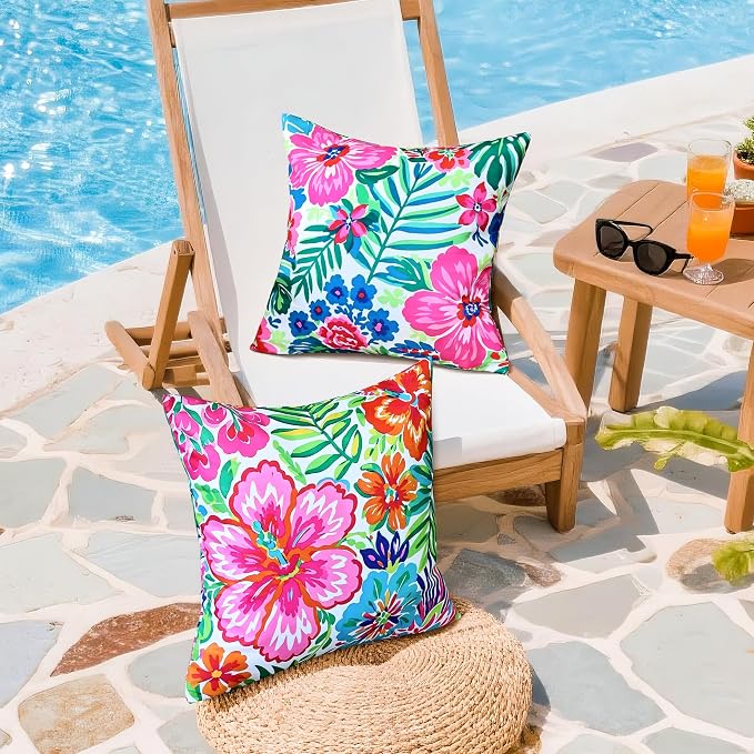 Outdoor Pillow Covers 20x20 Inch Set of 2, Tropical Floral Plants Modern Throw Pillows Cases, Spring Waterproof Square Garden Cushion Sham for Patio Funiture Tent Balcony Bench Sofa Couch