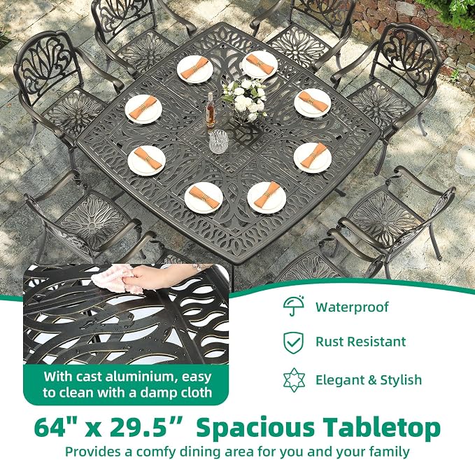 VIVIJASON 64" Patio Dining Table for 8, Large Square Cast Aluminum Dining Table with 2.2" Umbrella Hole, Weather-Resistant Patio Dining Table for Deck Garden Backyards, Dark Bronze