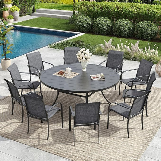 11 Pieces Patio Dining Set, 60" Round Dining Table with Umbrella Hole, 10 Stackable Textilene Fabric Chairs, Metal Structure for Patio, Porch, Garden(Black Table, Grey Chair)