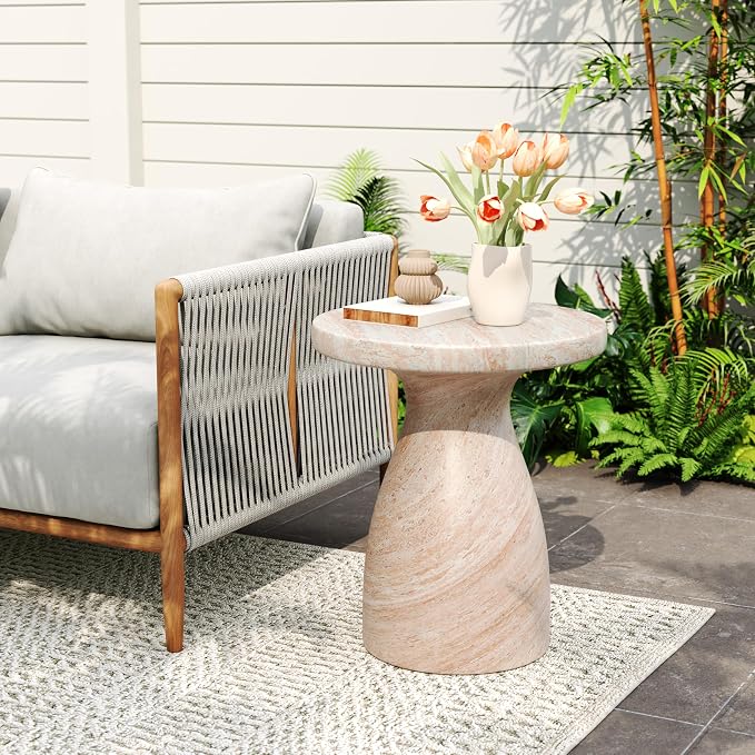 Outdoor Side Table 20" Hourglass Shape Concrete Side Table, Patio Tables for Outside Decorative Garden Stools, No Assembly Accent Table for Patio Porch Living Room, Beige