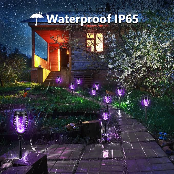 Toodour Solar Torch Flame Lights, 6 Pack Solar Lights Outdoor with Flickering Flame, Waterproof Solar Pathway Lights Landscape Decoration Lighting for Garden, Lawn, Yard, Outdoor Decor - Purple