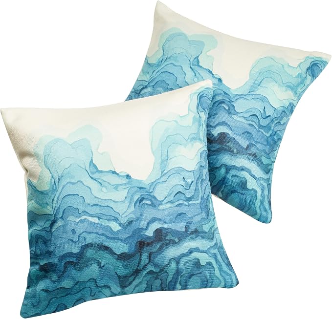 Fab Habitat Indoor/Outdoor Pillows Made from Recycled Polyester Yarn - Stain Resistant, Machine Washable, Insert Included - Patio, Deck, Living Room - Watercolor Waves Teal (18" x 18" - Set of 2)