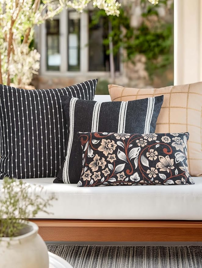 Modern Farmhouse Fall Linen Indoor Outdoor Throw Pillow Cover Only, 20"x20" Water Repellent for Patio, Backyard, Couch, Black Neutral Embroidered Stripes