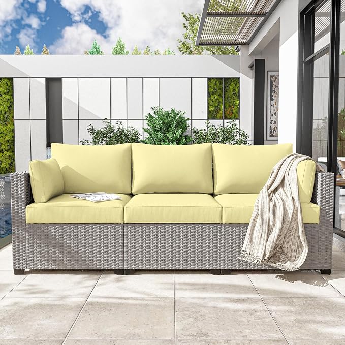 Outdoor Furniture Replacement Cushions, Waterproof Patio Furniture Cushions, 4" Deep Seat Outdoor Sectional Cushion for 3-Seat Outdoors Rattan Sofa Patio Sofa Cushion, Light Yellow