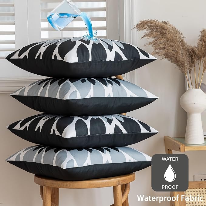 Pack of 4 Outdoor Waterproof Pillow Covers 18x18 Decorative Outdoor Throw Pillows Garden Square Cushion Cases for Patio Furniture, Couch, Tent Sunbrella, Bench, Black Grey
