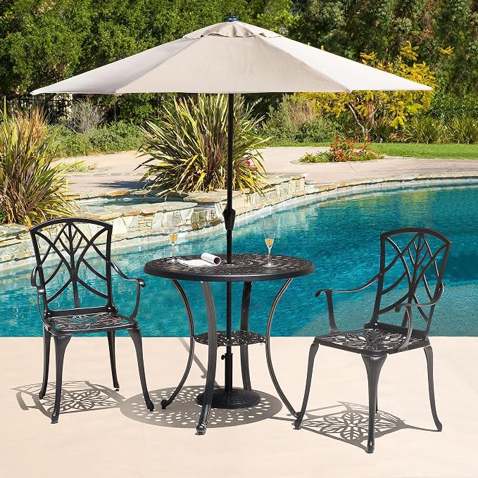 NUU GARDEN 31 Inch Cast Aluminum Patio Bistro Table, Black | Features an umbrella hole, decorative tabletop pattern and durable cast aluminum construction for outdoor use