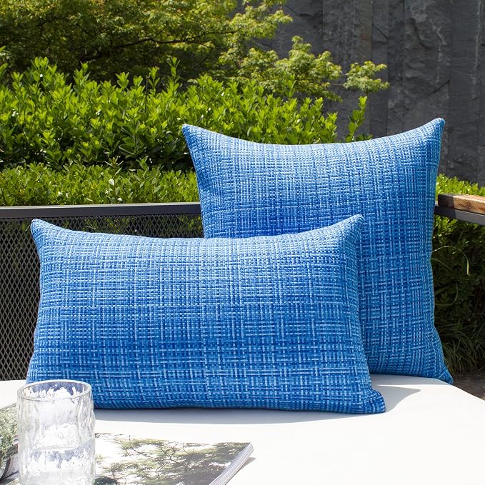 Kevin Textile Outdoor Waterproof 22x22 Inch Pillow Covers 2 Pack, Blue | Water Resistant, Faux Linen Yarn-dyed, Woven Texture Throw Pillow Covers for Tent Patio Garden Couch Sofa
