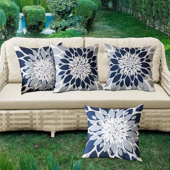 Pack of 4 Outdoor Waterproof Pillow Covers 16x16 Decorative Outdoor Throw Pillows Garden Square Cushion Cases for Patio Furniture, Couch, Tent Sunbrella, Bench, Navy Blue Grey