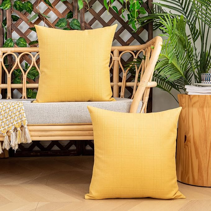 Kevin Textile Outdoor Waterproof 24”x24” Pillow Covers 2 Pack, Yellow | Water Resistant, Soft Faux Linen-cotton Yarn-dyed Woven Texture Throw Pillow Covers for Tent Patio Garden Couch Sofa