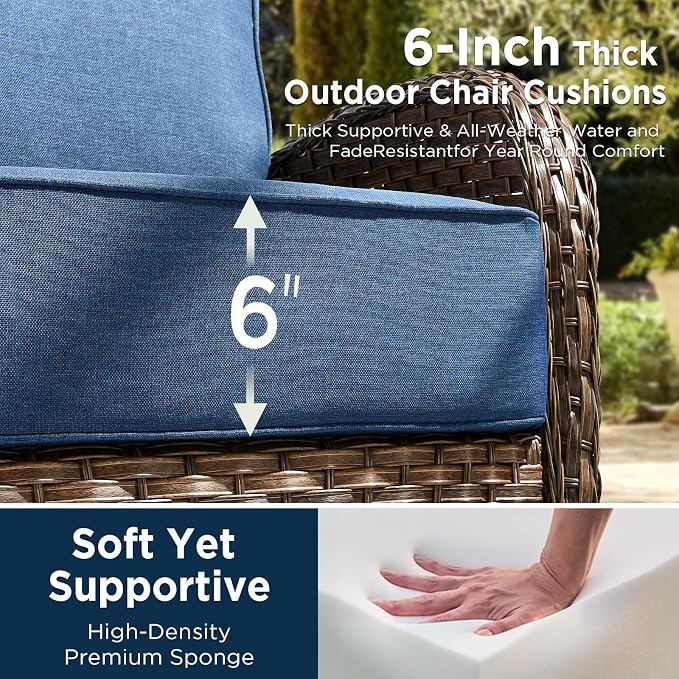 Luxury Wicker Patio Furniture Set with 6-Inch Thick Cushions, 6 Pieces Outdoor Swivel Rocker Patio Chairs Set of 4 with Rattan Side Table, Ooutdoor Patio Conversation Sets for Garden Porch Deck, Blue