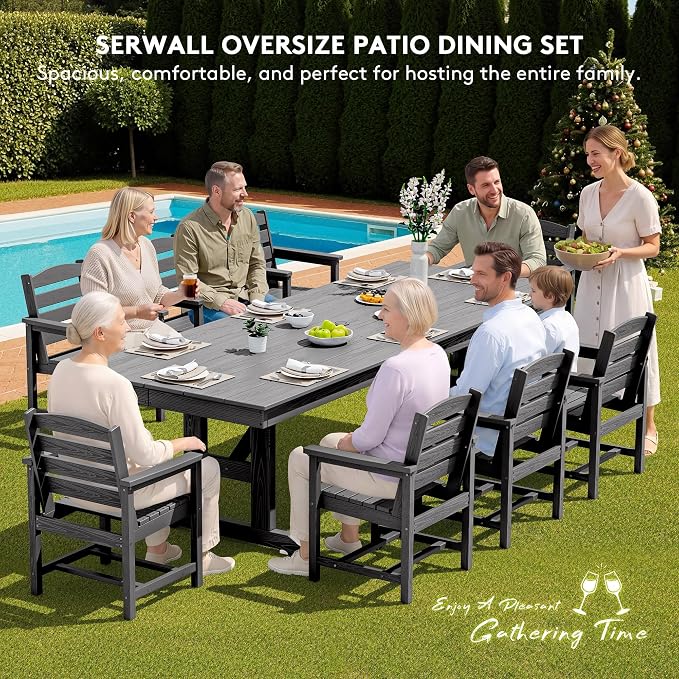 SERWALL 9 Piece Outdoor Dining Set, 84" HDPE Outdoor Table and Chairs for 8，All Weather Patio Furniture Set with Umbrella Hole for Backyard, Garden, Gray