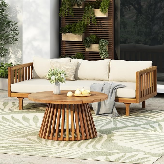 Merax Outdoor Acacia Wood Conversation Set - Patio 3-Seat Loveseat Sofa w/Coushion and Round Coffee Table for Backyard, Lawn, Balcony, Beige +Teak