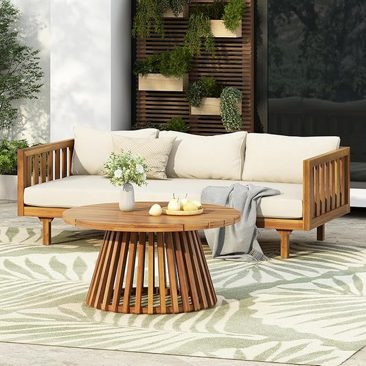 Merax Outdoor Acacia Wood Conversation Set - Patio 3-Seat Loveseat Sofa w/Coushion and Round Coffee Table for Backyard, Lawn, Balcony, Beige +Teak