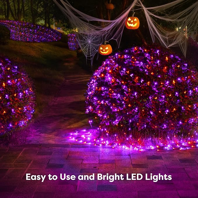 BlcTec Halloween Lights Outdoor 360 LED 9.8ft x 6.6 Orange Purple Halloween Mesh Lights with 8 Modes, Timer, Connectable, Waterproof and Green Wire Design for Lawn, Bushes Outdoor Holiday Decorations