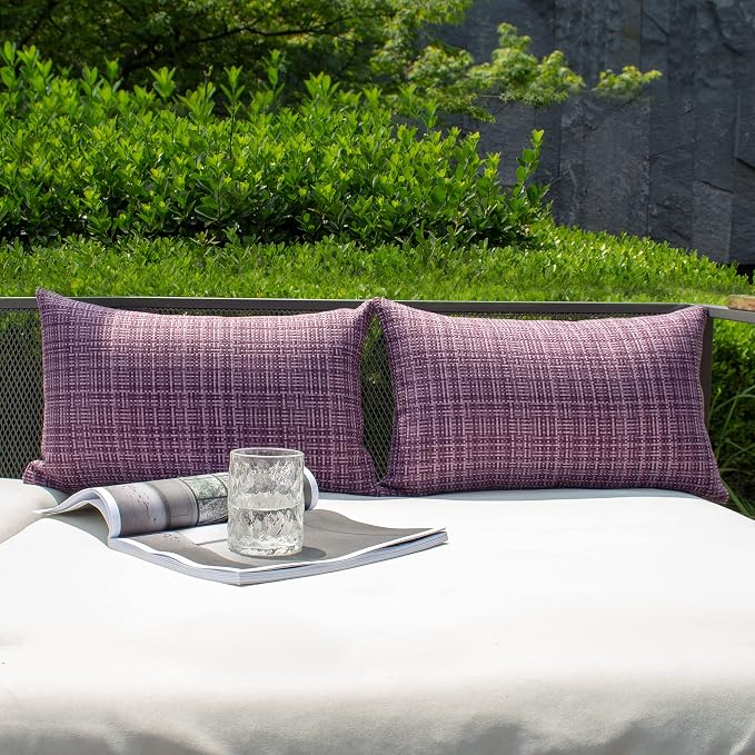 Kevin Textile Outdoor Waterproof 12"x20" Lumbar Pillow Covers 2 Pack Violet | Water Resistant, Faux Linen Yarn-dyed, Woven Texture Throw Pillow Covers for Tent Patio Garden Couch Sofa
